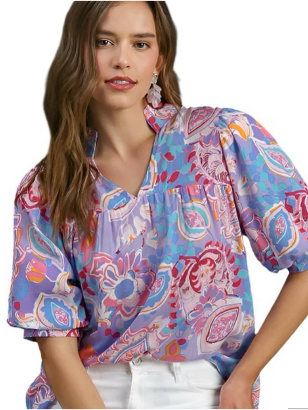 Umgee Floral Blouse Ruffle Neck Puff Sleeve Boho 70s Retro Cottagecore Tunic XL